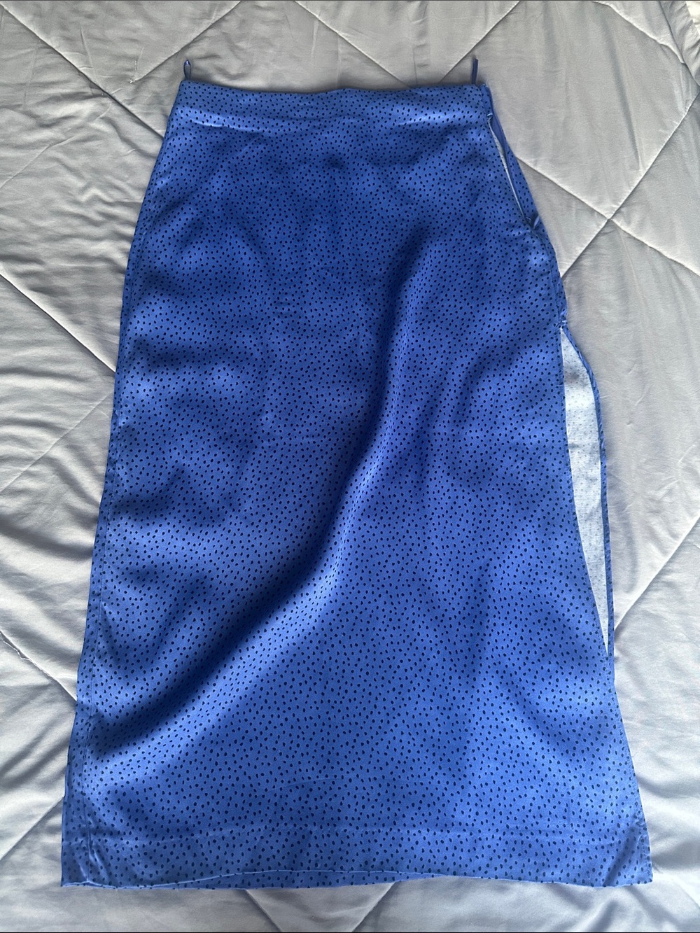 ZARA Blue Satin Midi Skirt with Subtle Polka Dot Detail
